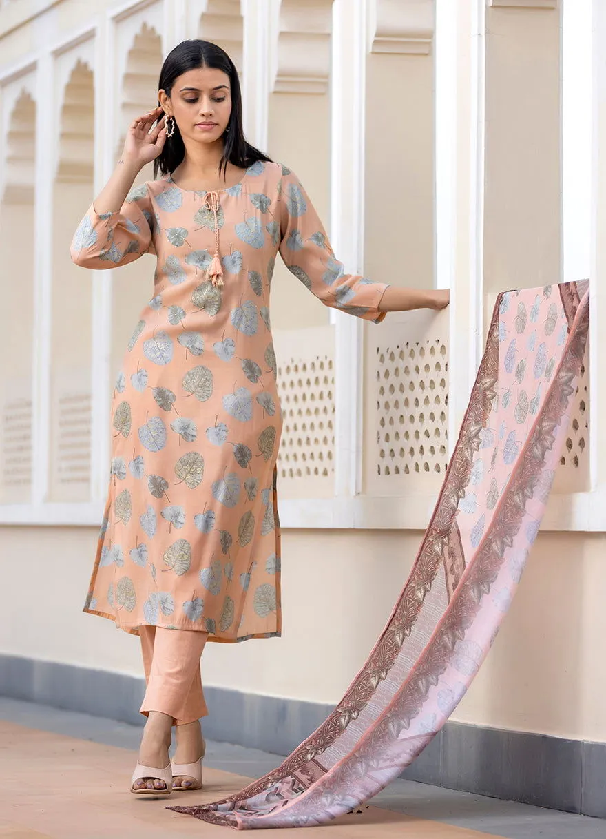 Women's Peach Modal Silk Printed Kurta Pant Set With Dupatta (pack of 3)