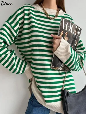 Women's Vintage Oversized Striped Jumper with Round Neck | Ideal for Autumn/Winter