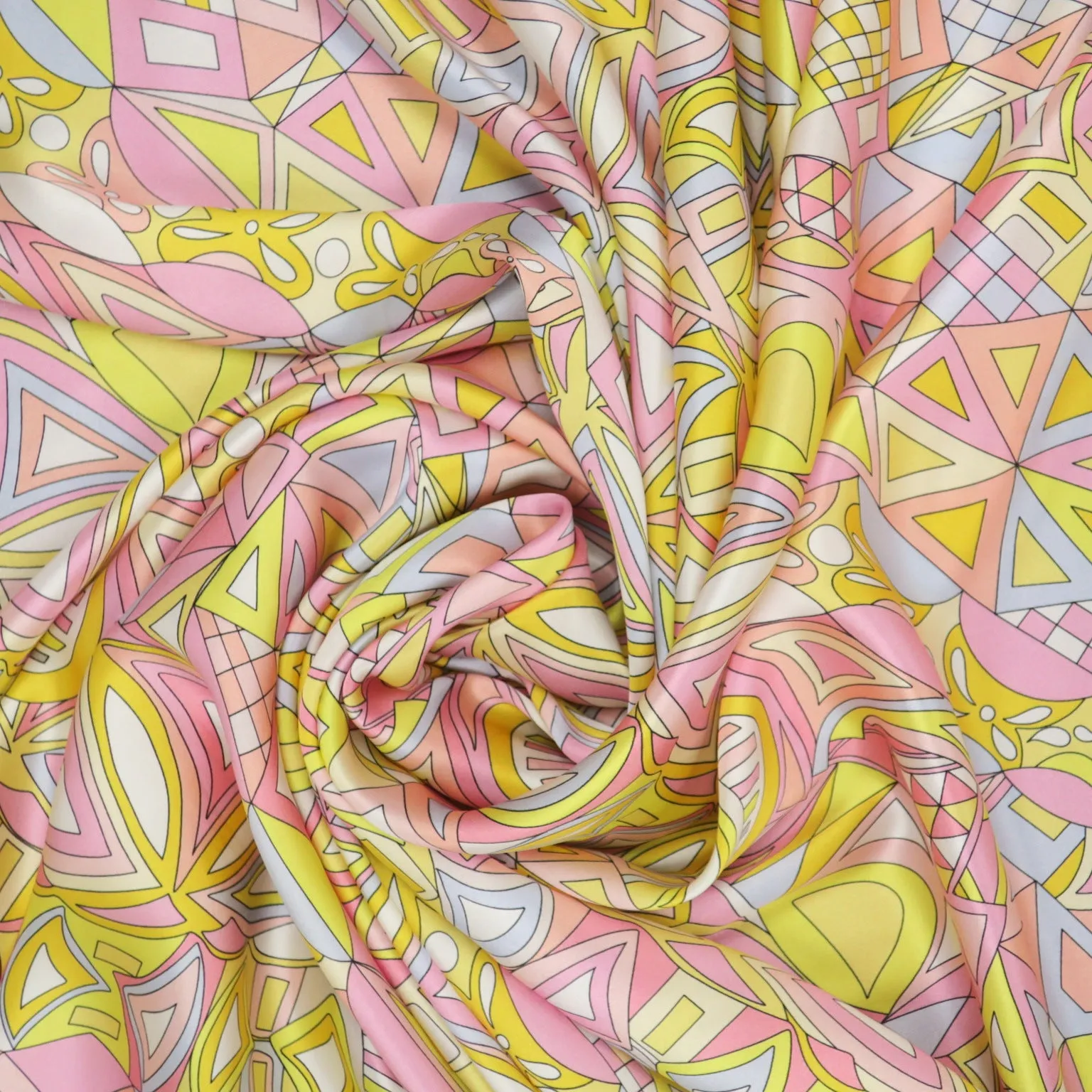 Yellow, Pink and Lilac Abstract Printed Silk Charmeuse Fabric