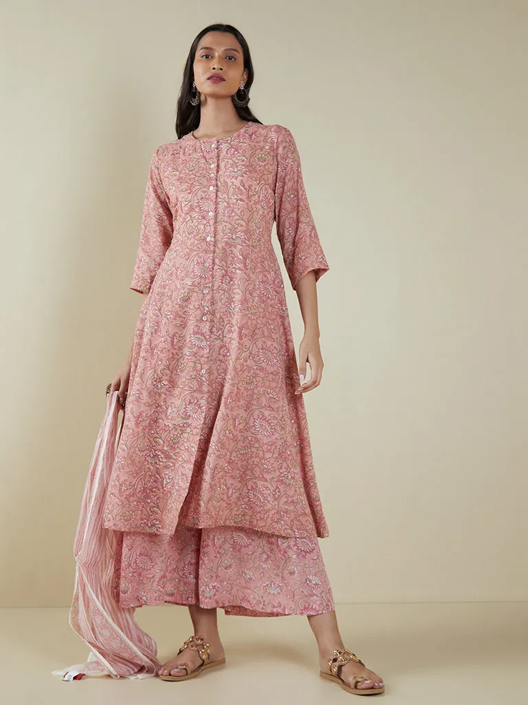 Zuba Pink Floral-Printed Cotton-Blend Stole
